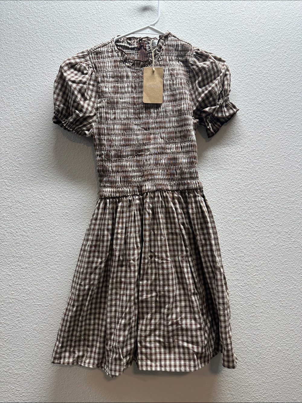 Rihoas Brown Gingham Smocked Short Sleeve Dress Women’s Size Small New with Tag